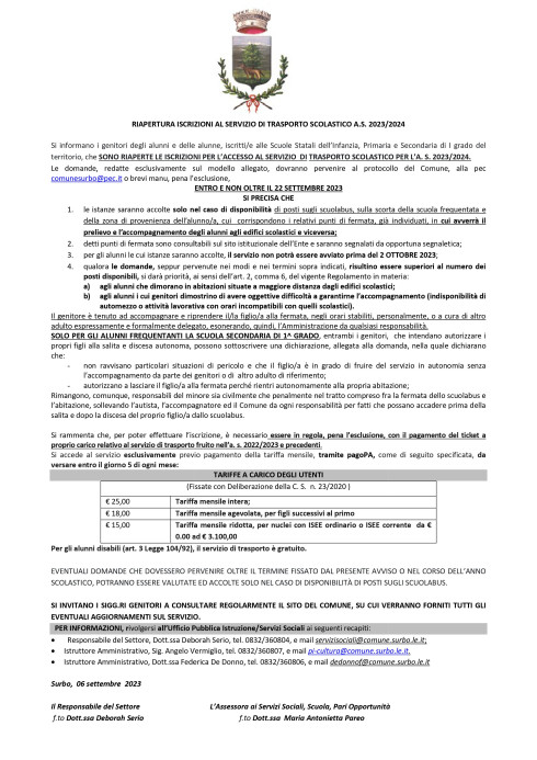 RIAPERTURA ISCRIZIONI AL SERVIZIO DI TRASPORTO SCOLASTICO A.S. 2023/2024